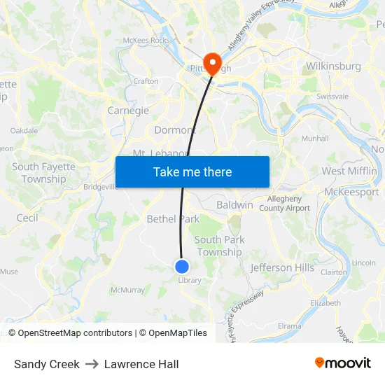 Sandy Creek to Lawrence Hall map