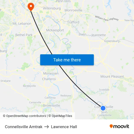 Connellsville Amtrak to Lawrence Hall map