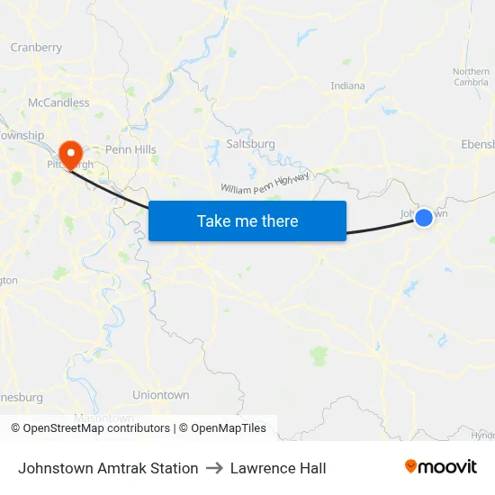 Johnstown Amtrak Station to Lawrence Hall map
