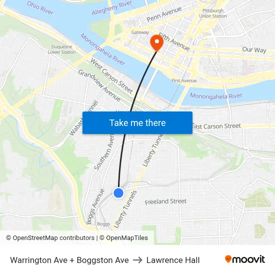 Warrington Ave + Boggston Ave to Lawrence Hall map