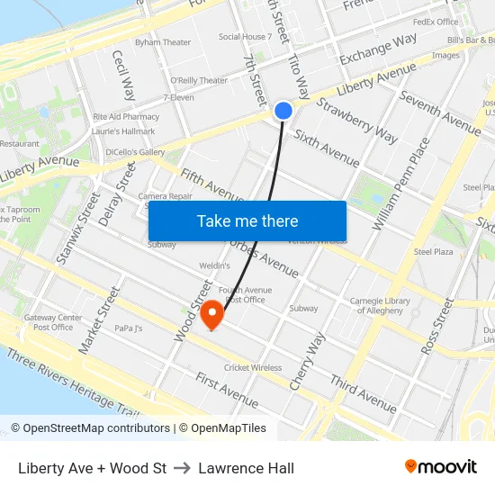 Liberty Ave + Wood St to Lawrence Hall map