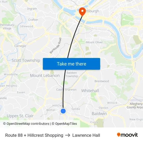Route 88 + Hillcrest Shopping to Lawrence Hall map