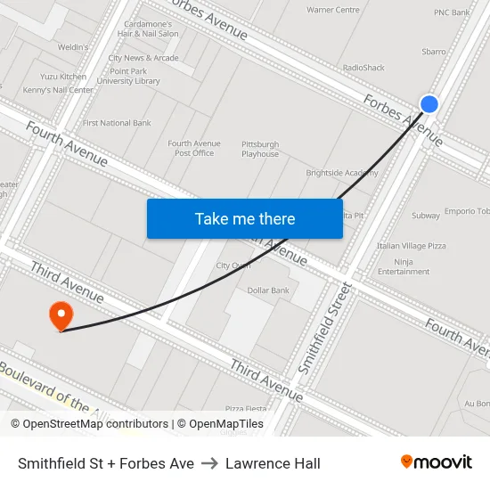 Smithfield St + Forbes Ave to Lawrence Hall map