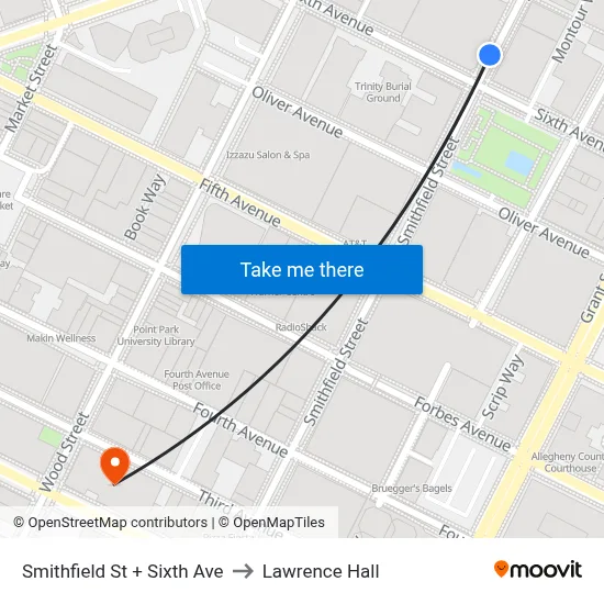 Smithfield St + Sixth Ave to Lawrence Hall map