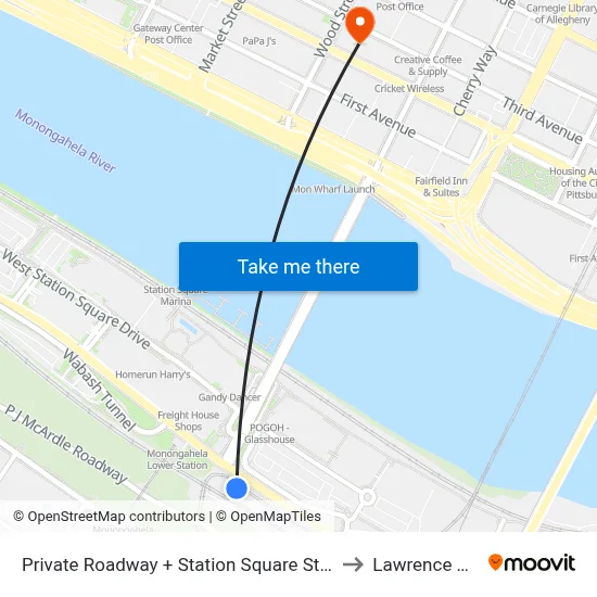 Private Roadway + Station Square Station to Lawrence Hall map