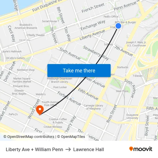 Liberty Ave + William Penn to Lawrence Hall map