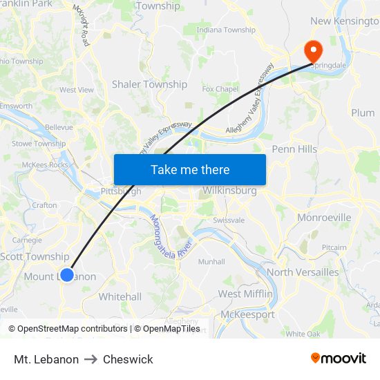 Mt. Lebanon to Cheswick map