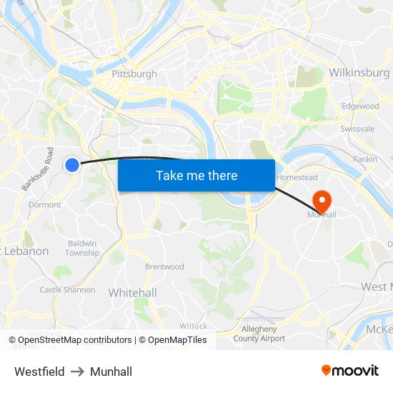 Westfield to Munhall map