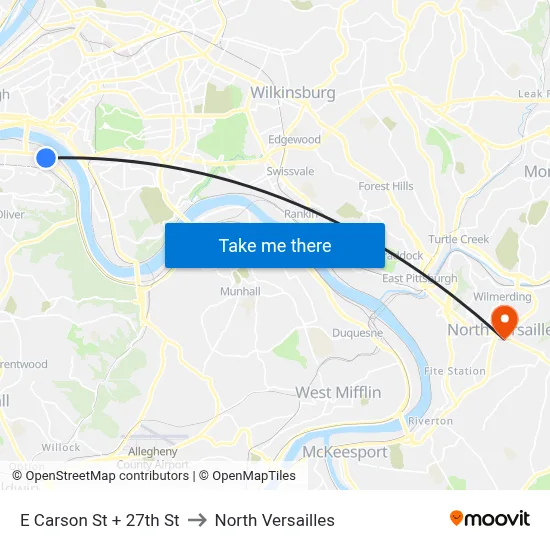 E Carson St + 27th St to North Versailles map