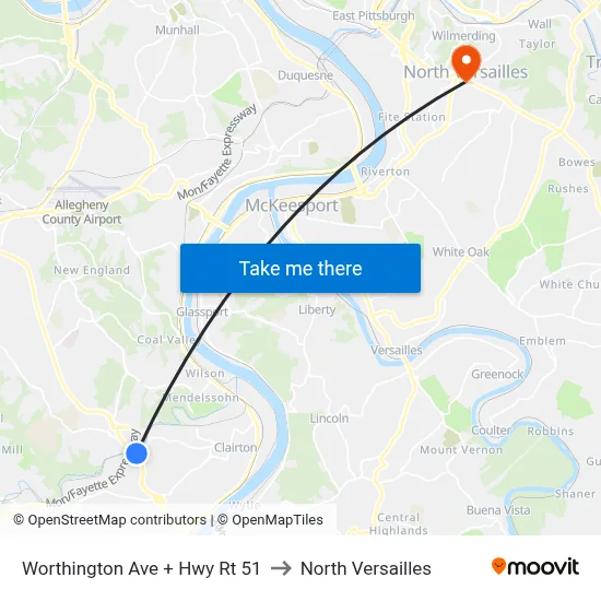 Worthington Ave + Hwy Rt 51 to North Versailles map