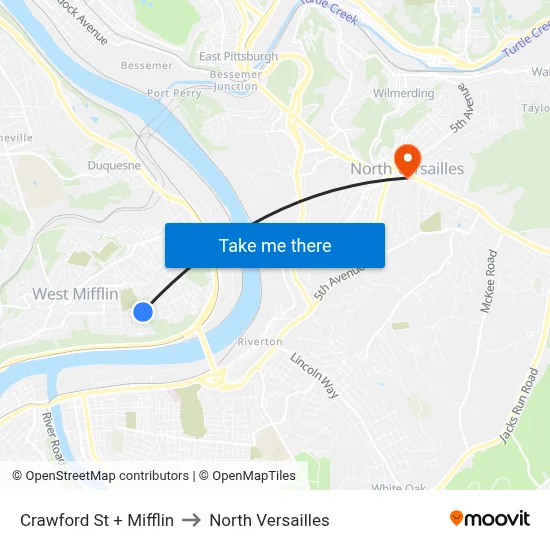 Crawford St + Mifflin to North Versailles map