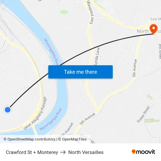 Crawford St + Monterey to North Versailles map