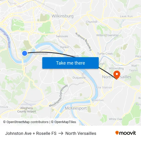 Johnston Ave + Roselle FS to North Versailles map