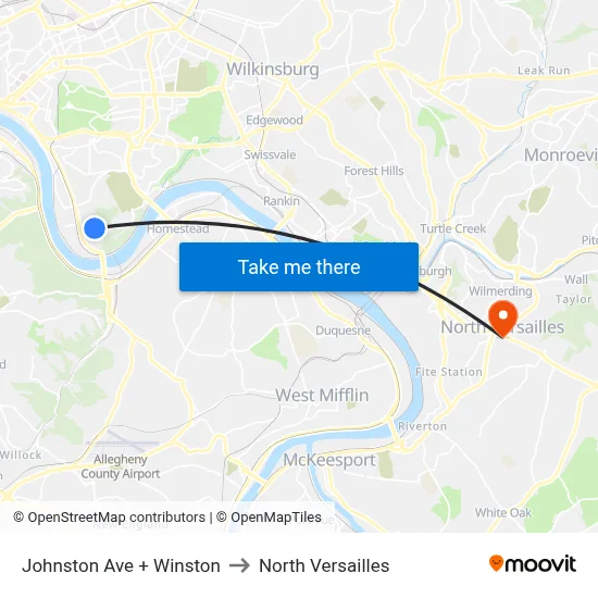 Johnston Ave + Winston to North Versailles map
