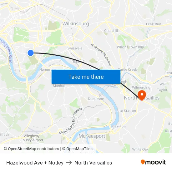 Hazelwood Ave + Notley to North Versailles map