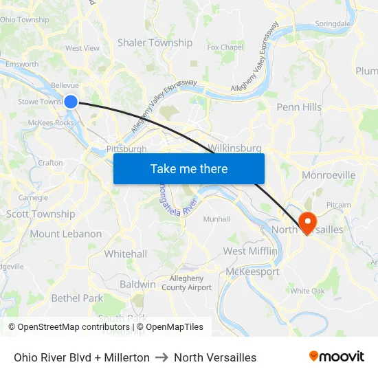 Ohio River Blvd + Millerton to North Versailles map