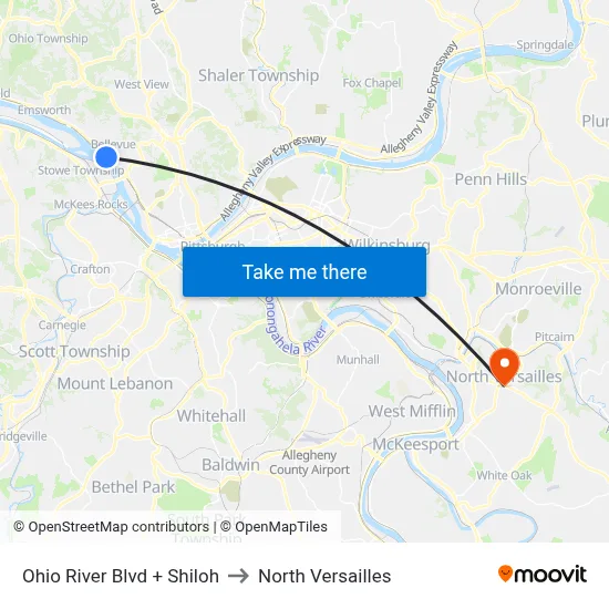Ohio River Blvd + Shiloh to North Versailles map