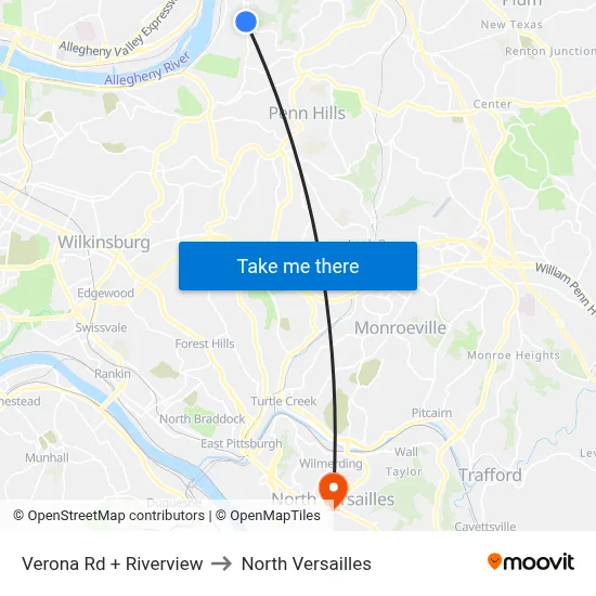 Verona Rd + Riverview to North Versailles map