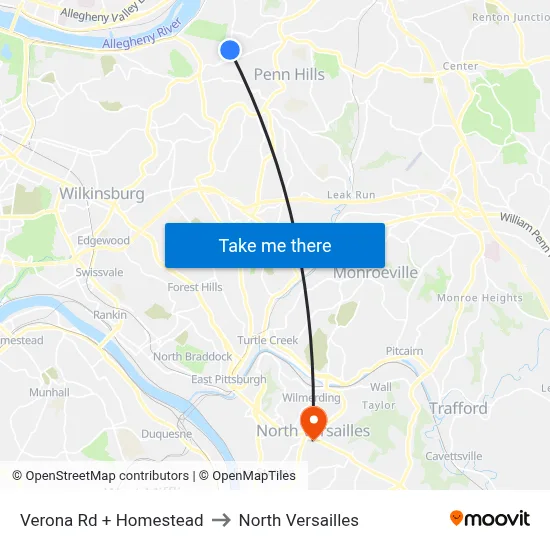 Verona Rd + Homestead to North Versailles map