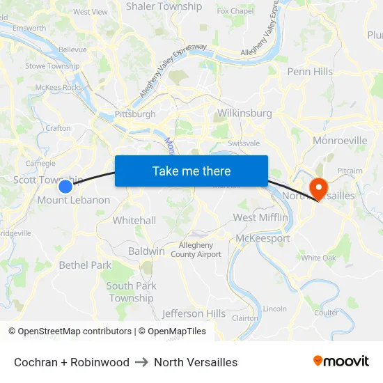 Cochran + Robinwood to North Versailles map