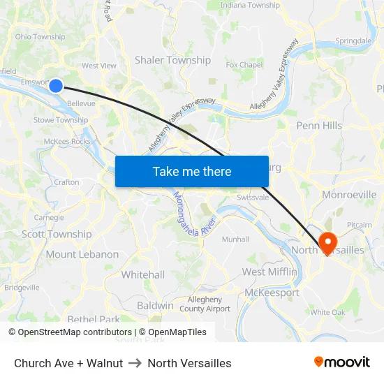 Church Ave + Walnut to North Versailles map