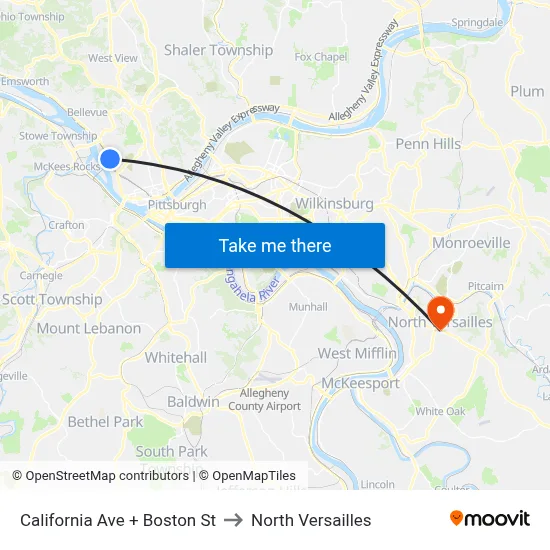 California Ave + Boston St to North Versailles map