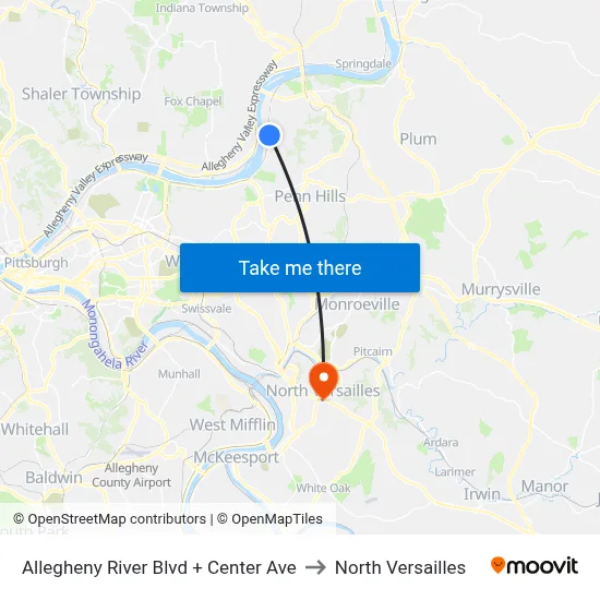 Allegheny River Blvd + Center Ave to North Versailles map