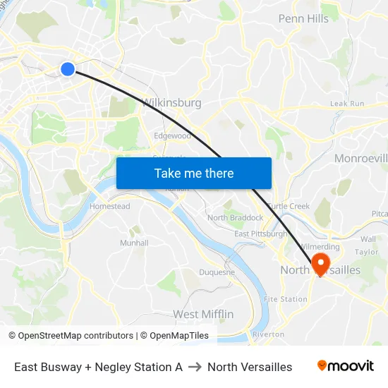 East Busway + Negley Station A to North Versailles map