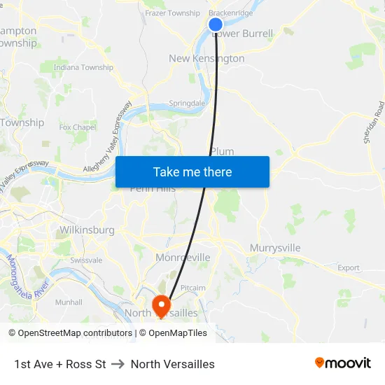 1st Ave + Ross St to North Versailles map