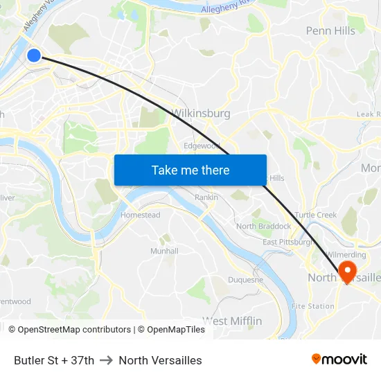 Butler St + 37th to North Versailles map