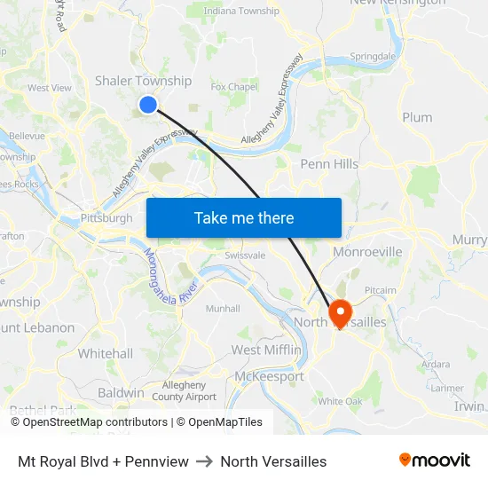 Mt Royal Blvd + Pennview to North Versailles map