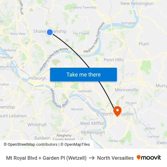 Mt Royal Blvd + Garden Pl (Wetzell) to North Versailles map