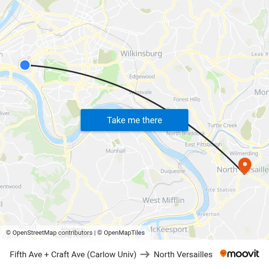 Fifth Ave + Craft Ave (Carlow Univ) to North Versailles map