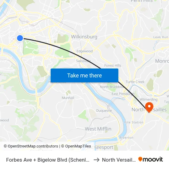 Forbes Ave + Bigelow Blvd (Schenley Dr) to North Versailles map