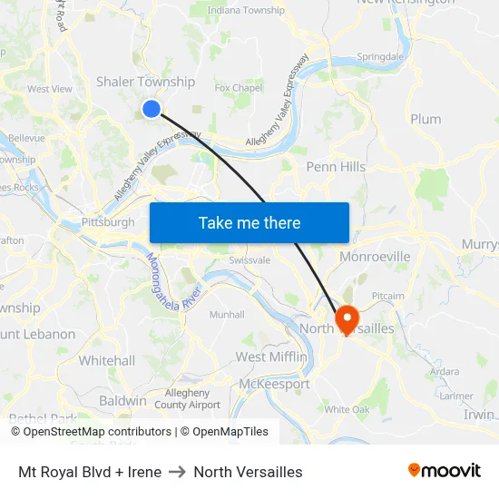 Mt Royal Blvd + Irene to North Versailles map