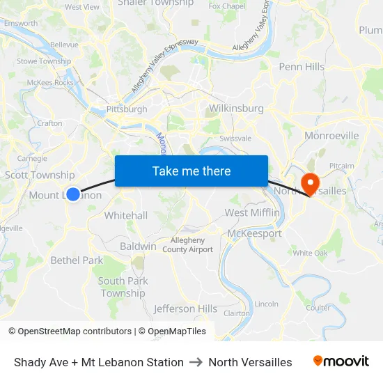 Shady Ave + Mt Lebanon Station to North Versailles map