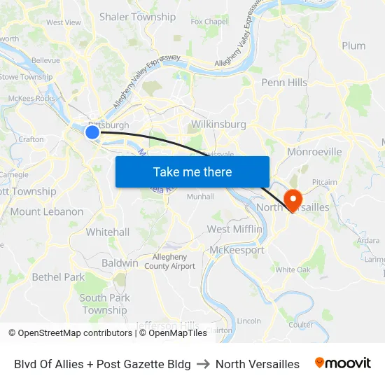 Blvd Of Allies + Post Gazette Bldg to North Versailles map