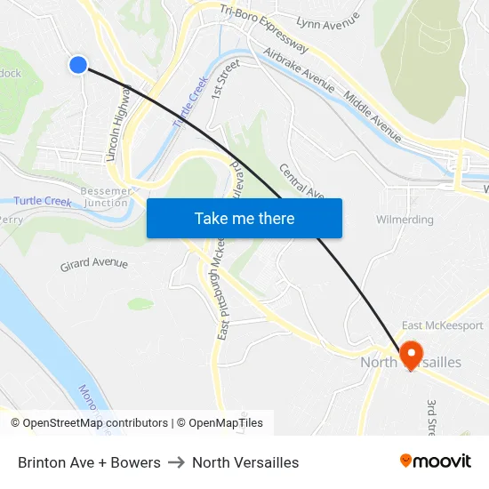 Brinton Ave + Bowers to North Versailles map