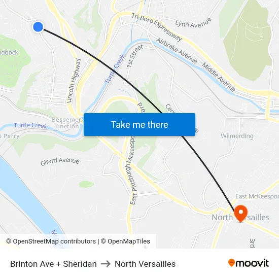 Brinton Ave + Sheridan to North Versailles map