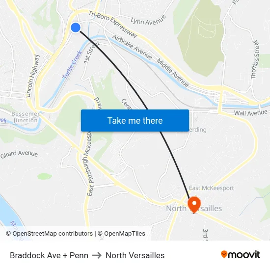Braddock Ave + Penn to North Versailles map