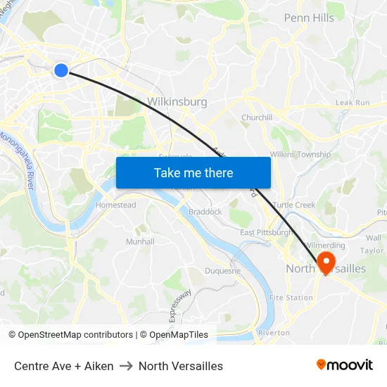 Centre Ave + Aiken to North Versailles map
