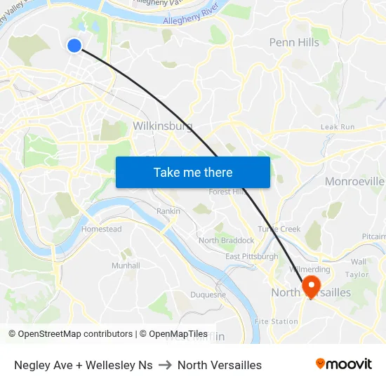 Negley Ave + Wellesley Ns to North Versailles map