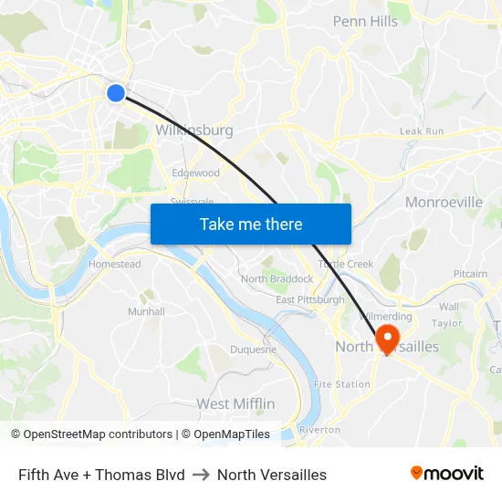 Fifth Ave + Thomas Blvd to North Versailles map