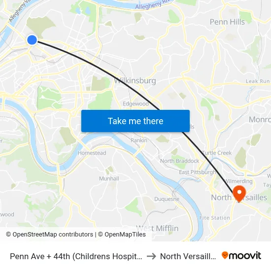 Penn Ave + 44th (Childrens Hospital) to North Versailles map