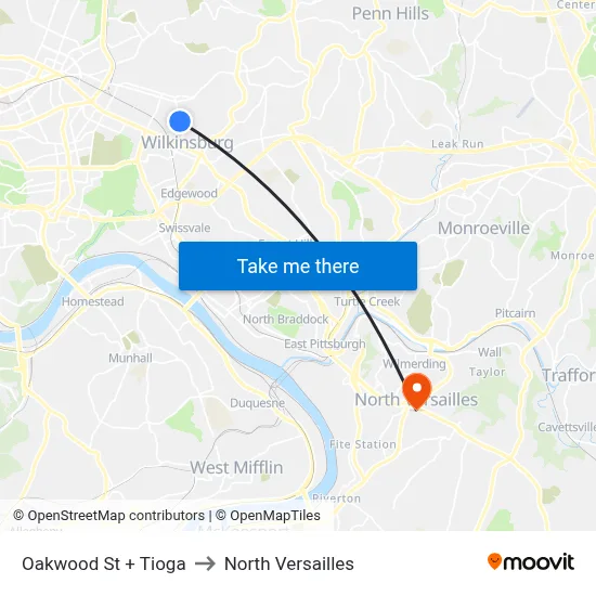 Oakwood St + Tioga to North Versailles map