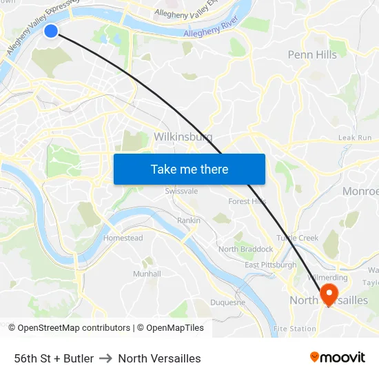 56th St + Butler to North Versailles map