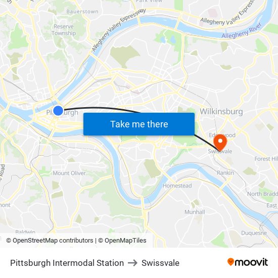 Pittsburgh Intermodal Station to Swissvale map