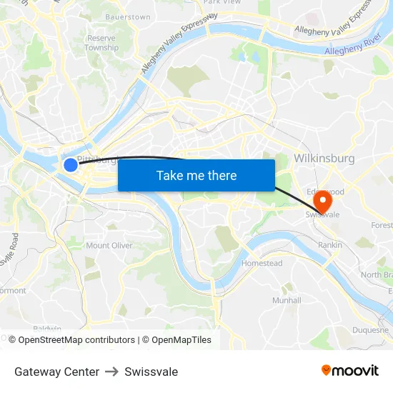 Gateway Center to Swissvale map