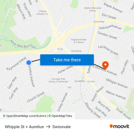 Whipple St + Aurelius to Swissvale map