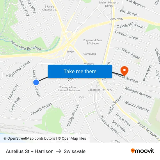 Aurelius St + Harrison to Swissvale map